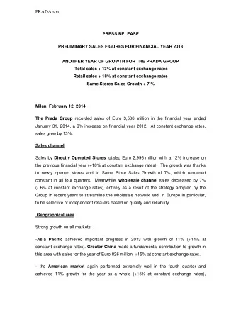 PRADA spa  PRESS RELEASE  PRELIMINARY SALES FIGURES FOR FINANCIAL YEAR 2013  ANOTHER YEAR OF GROWTH