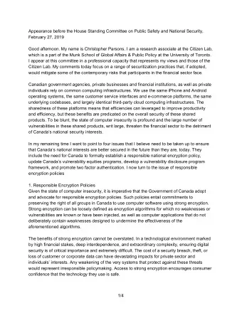 Appearance before the House Standing Committee on Public Safety and National Security,  February