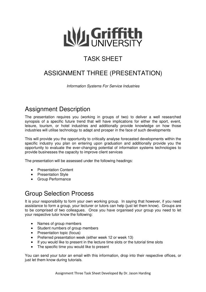 task sheet assignment three presentation