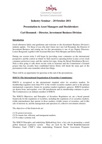 Industry Seminar  20 October 2011  Presentation to Asset Managers and Stockbrokers Carl Rosumek