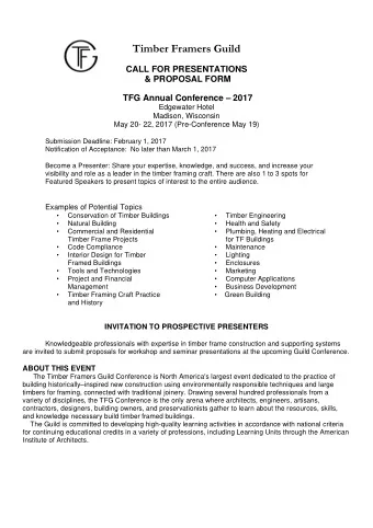 Timber Framers Guild  CALL FOR PRESENTATIONS  &amp; PROPOSAL FORM TFG Annual Conference  2017