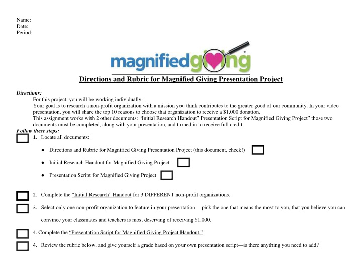 directions and rubric for magnified giving presentation