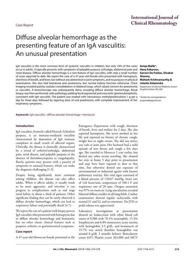difguse alveolar hemorrhage as the presenting feature of