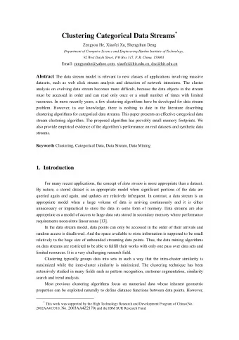 Clustering Categorical Data Streams *  Zengyou He, Xiaofei Xu, Shengchun Deng  Department of