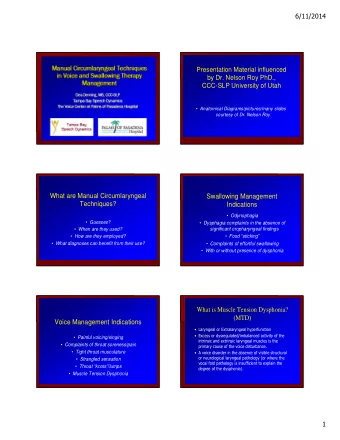 6/11/2014  Presentation Material influenced  by Dr. Nelson Roy PhD.,  CCC-SLP University of Utah