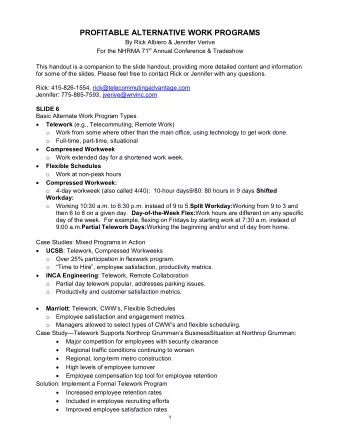 PROFITABLE ALTERNATIVE WORK PROGRAMS  By Rick Albiero &amp; Jennifer Verive For the NHRMA 71 st