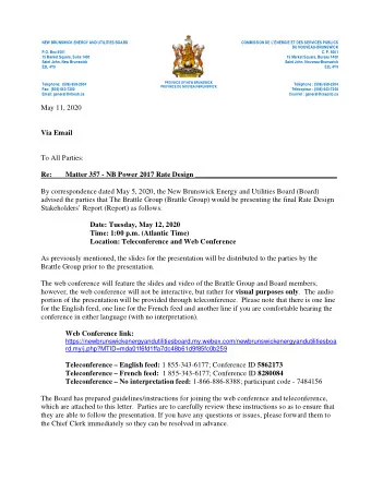 May 11, 2020  Via Email  To All Parties:  Re:  Matter 357 - NB Power 2017 Rate Design