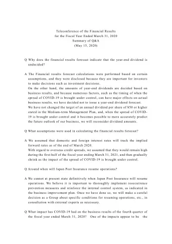 Teleconference of the Financial Results  for the Fiscal Year Ended March 31, 2020  Summary of