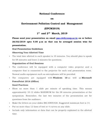 National Conference  on  Environment Pollution Control and  Management  (EPCM2019) 1 st and 2 nd