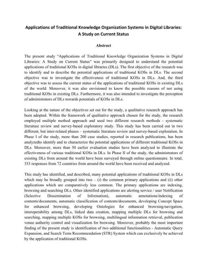 applications of traditional knowledge organization