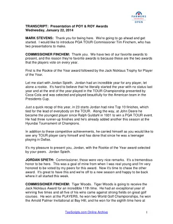 TRANSCRIPT:  Presentation of POY &amp; ROY Awards  Wednesday, January 22, 2014 MARK STEVENS: Thank