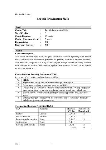 English Presentation Skills  Part I  Course Title  :  English Presentation Skills  No. of Credits :