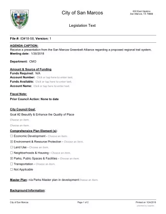 City of San Marcos  630 East Hopkins  San Marcos, TX 78666  Legislation Text File #: ID#18-58,
