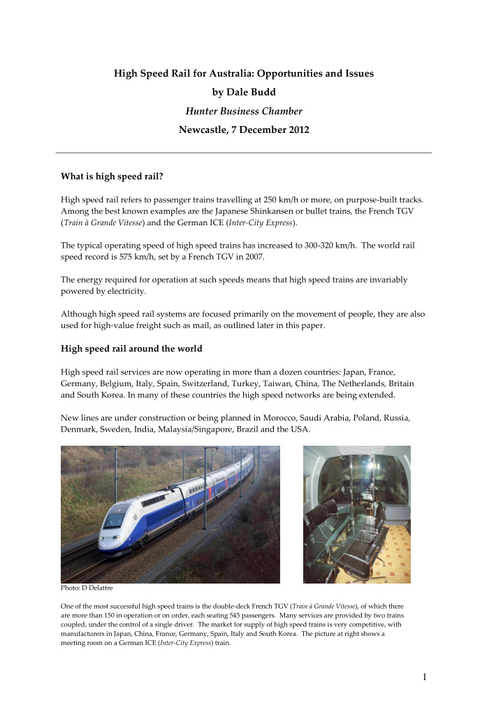 high speed rail for australia opportunities and issues by