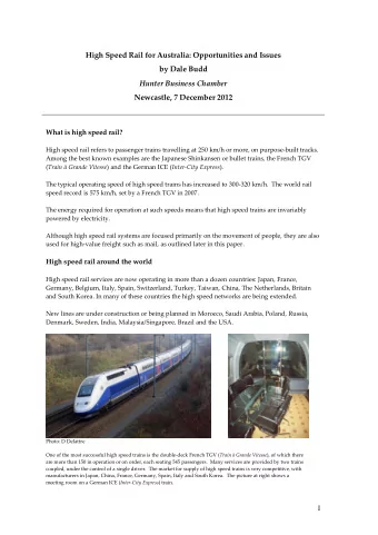 High Speed Rail for Australia: Opportunities and Issues  by Dale Budd  Hunter Business Chamber