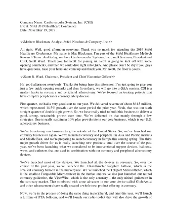 Company Name: Cardiovascular Systems, Inc. (CSII)  Event: Stifel 2019 Healthcare Conference  Date: