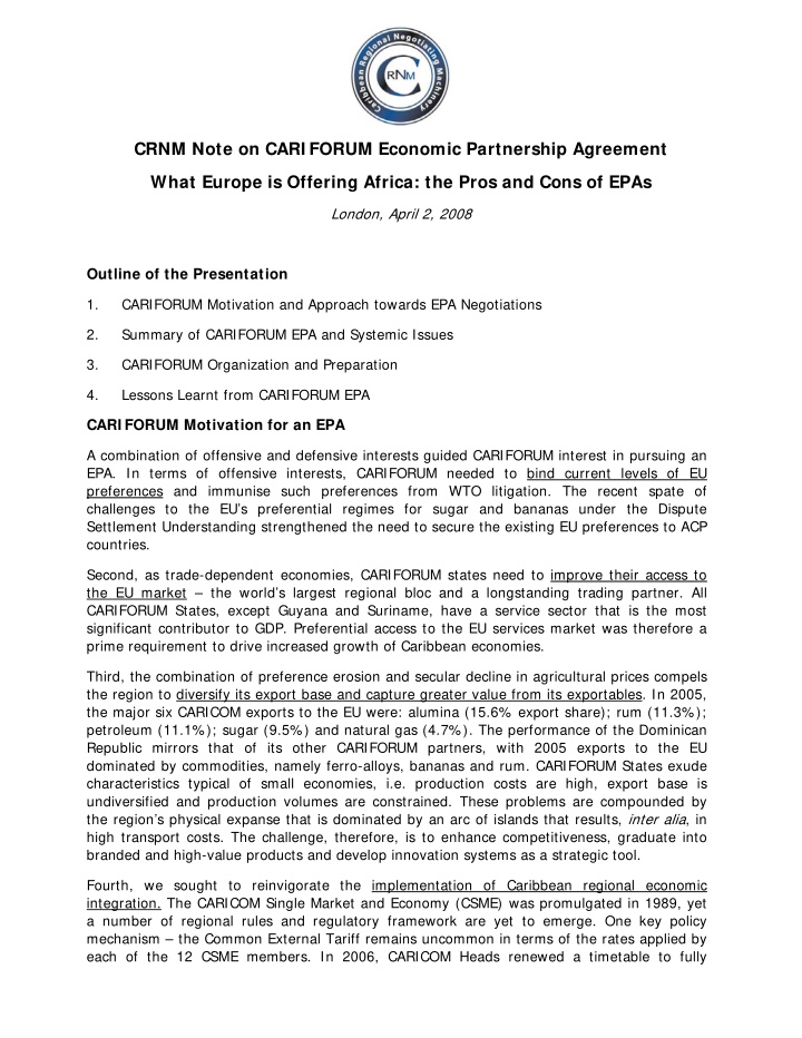 crnm note on cari forum economic partnership agreement