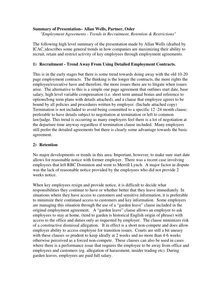 summary of presentation allan wells partner osler
