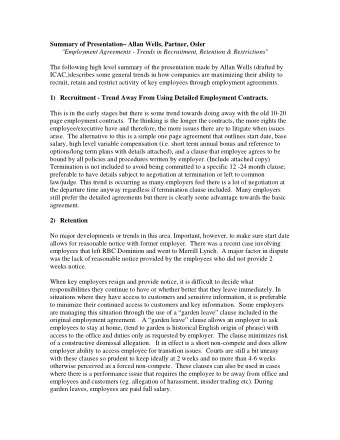 Summary of Presentation Allan Wells, Partner, Osler  &quot;Employment Agreements - Trends in