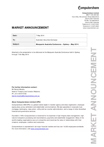 MARKET ANNOUNCEMENT  Attached is the presentation to be delivered at the Macquarie Australia