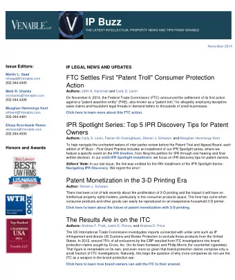 IP Buzz  THE LATEST INTELLECTUAL PROPERTY NEWS AND TIPS FROM VENABLE  November 2014  Issue Editors: