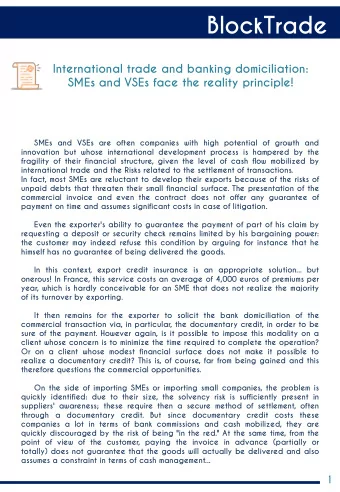 BlockTrade  International trade and banking domiciliation:  SMEs and VSEs face the reality