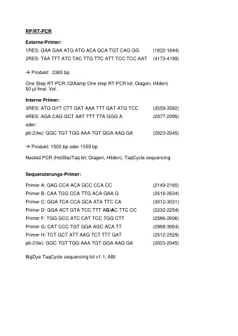 RP/RT-PCR  Externe-Primer:  1RES: GAA GAA ATG ATG ACA GCA TGT CAG GG  (1822-1844)  2RES: TAA TTT