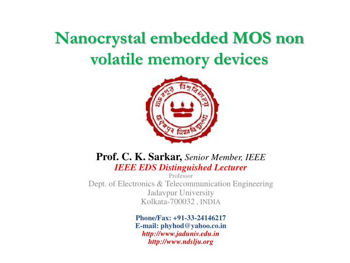 nanocrystal embedded mos non volatile memory devices
