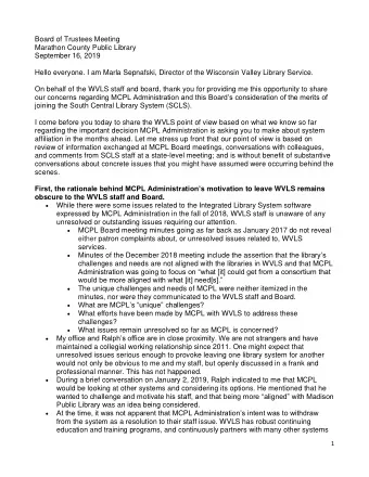 Board of Trustees Meeting Marathon County Public Library September 16, 2019 Hello everyone. I am