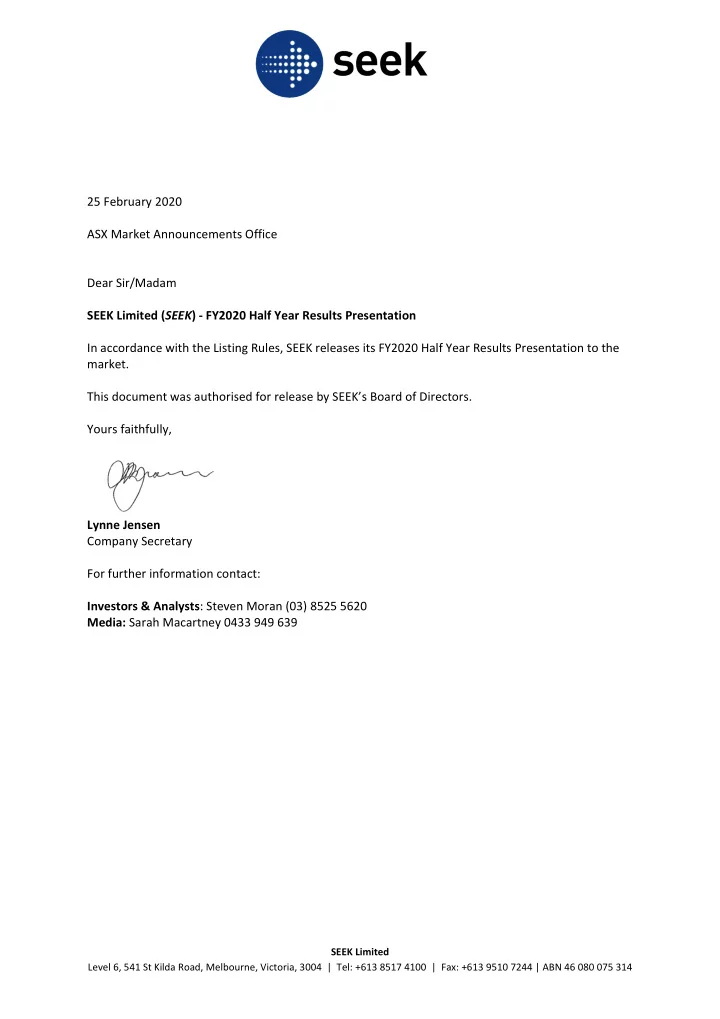 25 february 2020 asx market announcements office dear sir