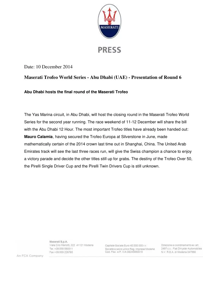 date 10 december 2014 maserati trofeo world series abu