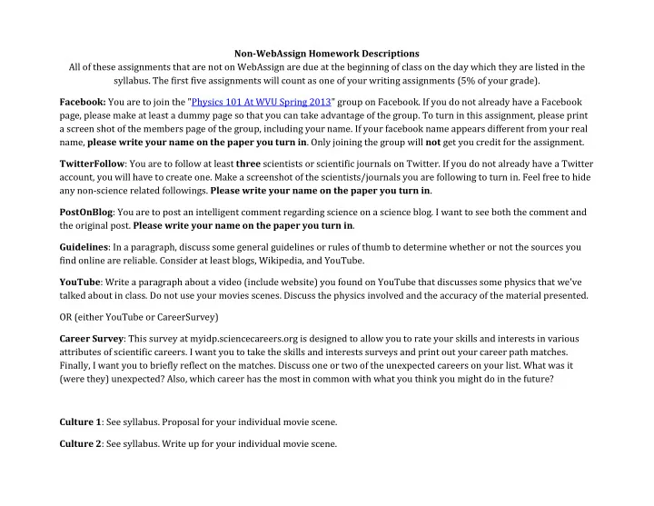 non webassign homework descriptions all of these