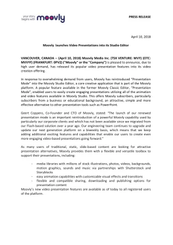 PRESS RELEASE  April 10, 2018  Moovly  launches Video Presentations into its Studio Editor
