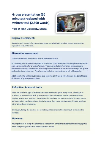 Group presentation (20  minutes) replaced with  written task (2,500 words)  York St John