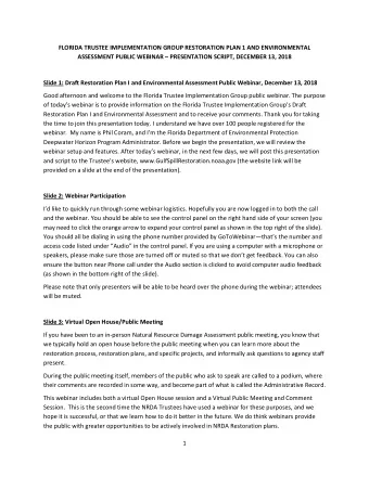 FLORIDA TRUSTEE IMPLEMENTATION GROUP RESTORATION PLAN 1 AND ENVIRONMENTAL ASSESSMENT PUBLIC WEBINAR