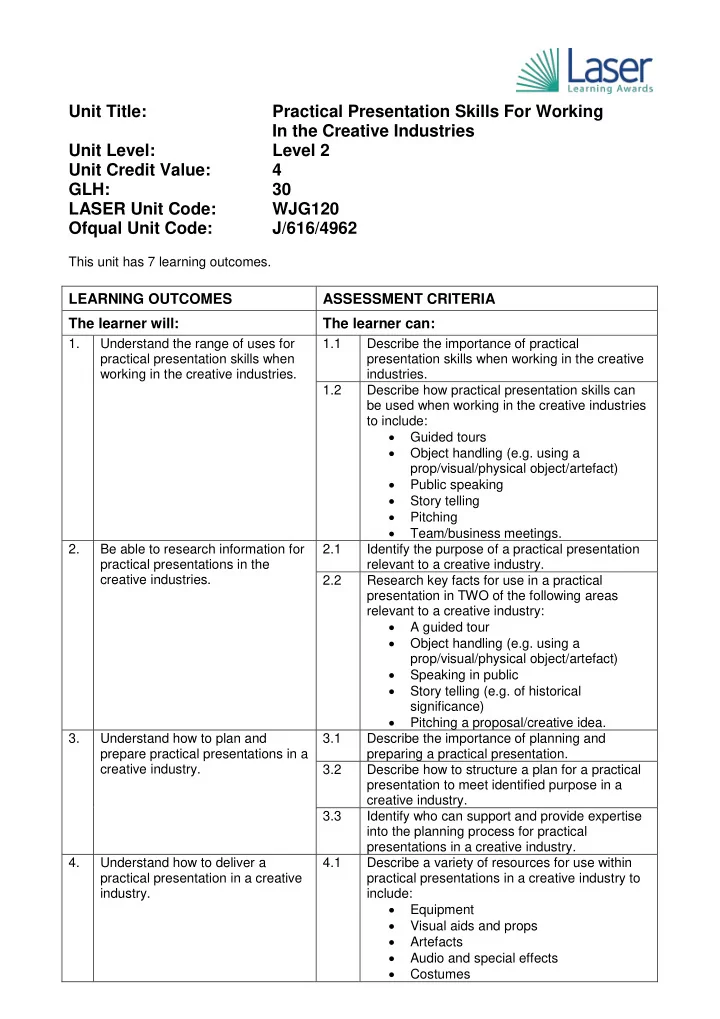 unit title practical presentation skills for working in