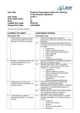 Unit Title:  Practical Presentation Skills For Working  In the Creative Industries  Unit Level: