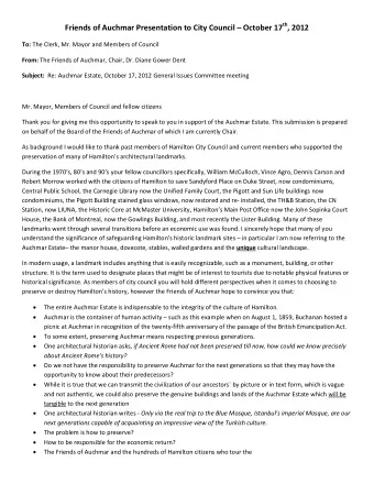 Friends of Auchmar Presentation to City Council  October 17 th , 2012 To: The Clerk, Mr. Mayor