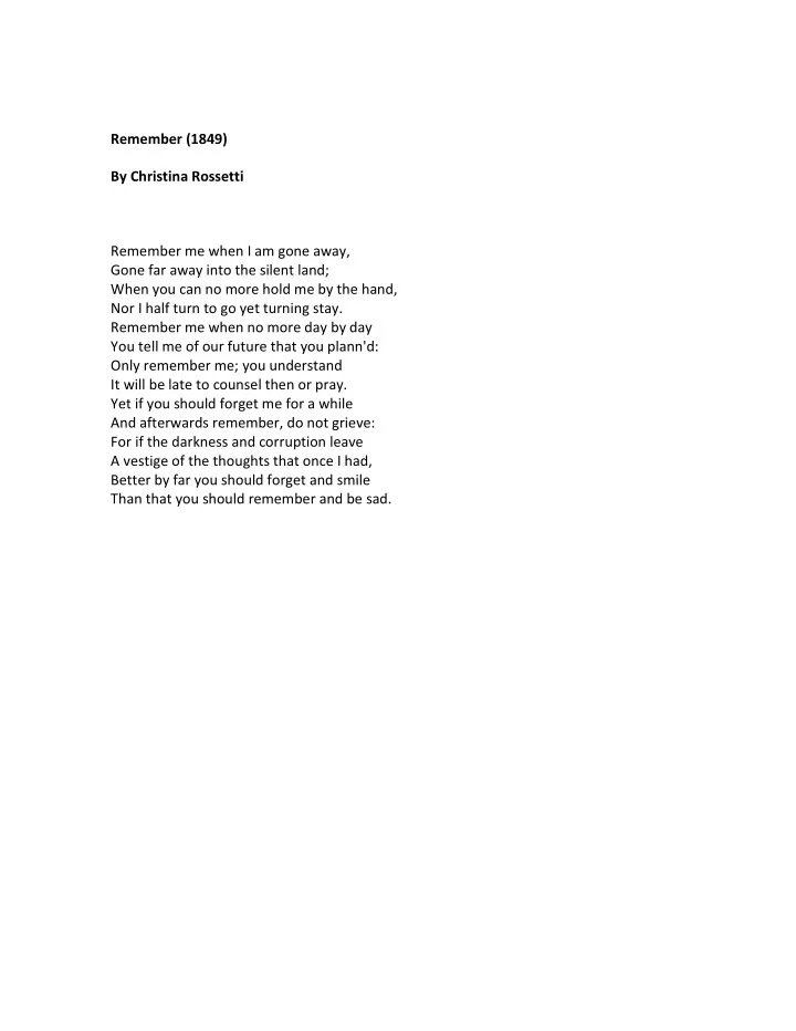 remember 1849 by christina rossetti remember me when i am