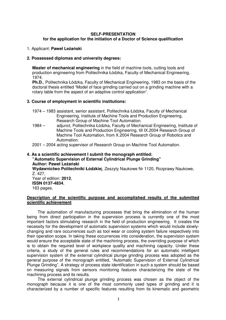 self presentation for the application for the initiation