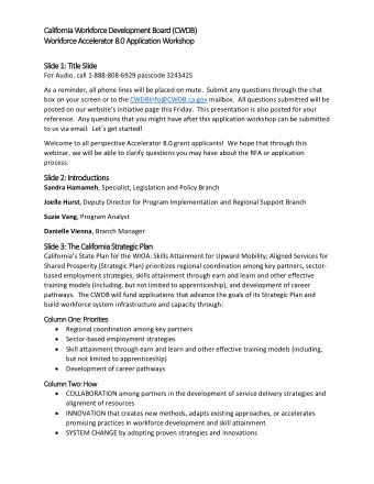 Californi  nia Workforce D  e Devel  elopm  pment B  Board  d (CWDB)  Workforce A  e Accel