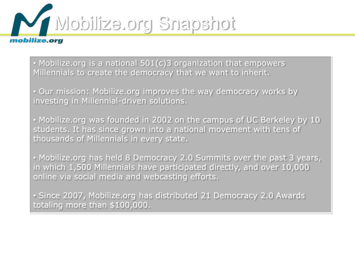 mobilize org snapshot