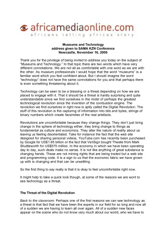 Museums and Technology  address given to SAMA KZN Conference  Newcastle, November 16, 2006  Thank