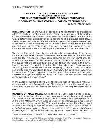 TURNING THE WORLD UPSIDE DOWN THROUGH  INFORMATION AND COMMUNICATION TECHNOLOGY  -  Pastor C.