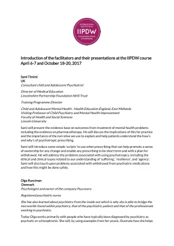 Introduction of the facili  litators and their presentations at the IIPDW course  April  il 6-7 and