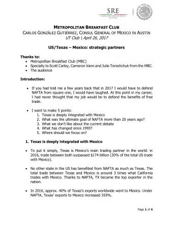 M ETROPOLITAN B REAKFAST C LUB C ARLOS G ONZLEZ G UTIRREZ , C ONSUL G ENERAL OF M EXICO IN A