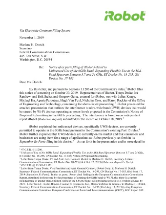 Via Electronic Comment Filing System  November 1, 2019  Marlene H. Dortch  Secretary  Federal