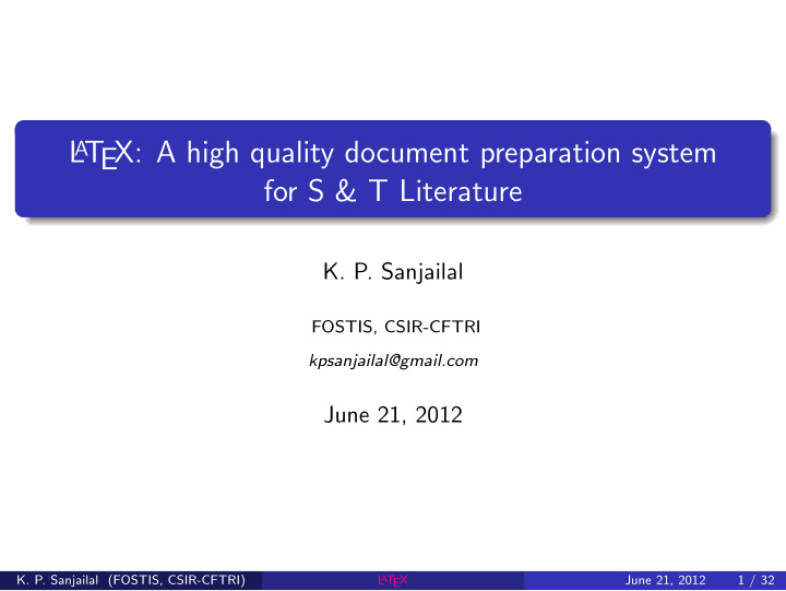 l a t ex a high quality document preparation system for s