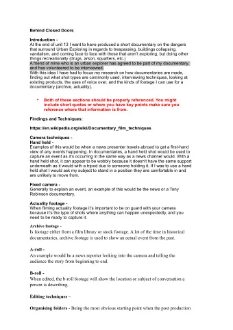 Introduction -   At the end of unit 13 I want to have produced a short documentary on the