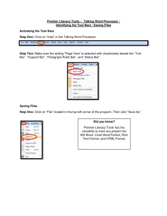 Premier Literacy Tools  Talking Word Processor :  Identifying the Tool Bars / Saving Files